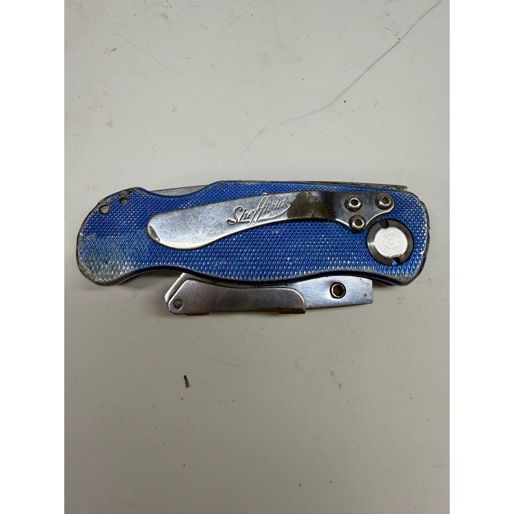 Sheffield Folding Utility Knife Blue Textured Aluminum Handle Pocket Clip